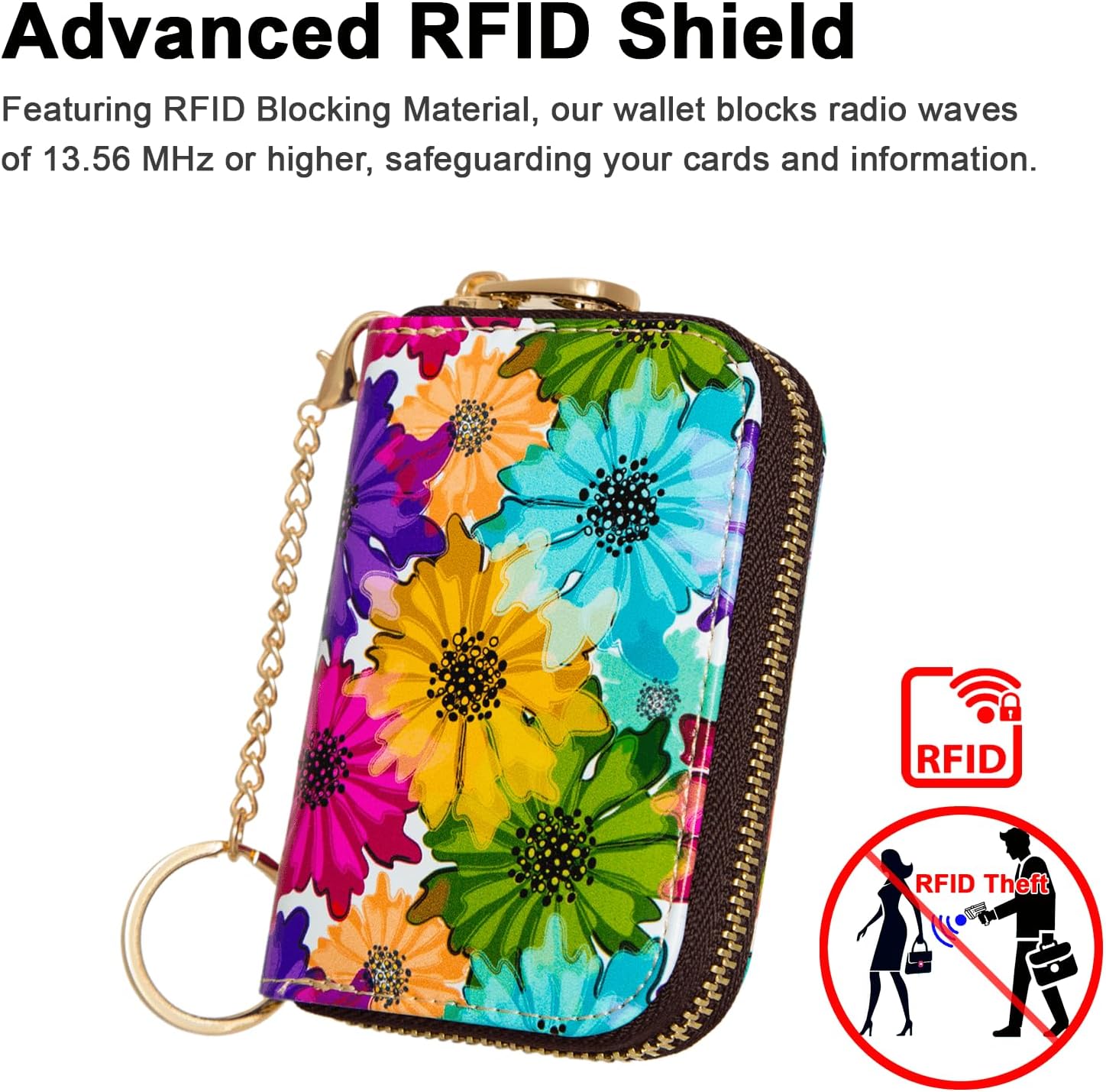 Credit Card Holder, RFID Blocking Wallet for Women Small Slim Leather Wallets with Keychain Zipper Business Cards Case (Spring Colorful Floral) image 2