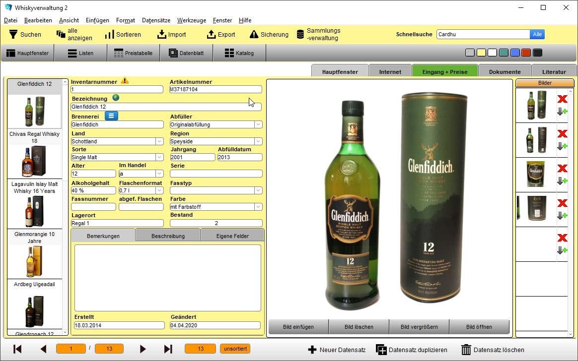 GS Whiskyverwaltung 2- Software zur Verwaltung Ihrer Whiskysammlung - Datenbank Programm für Whisky
