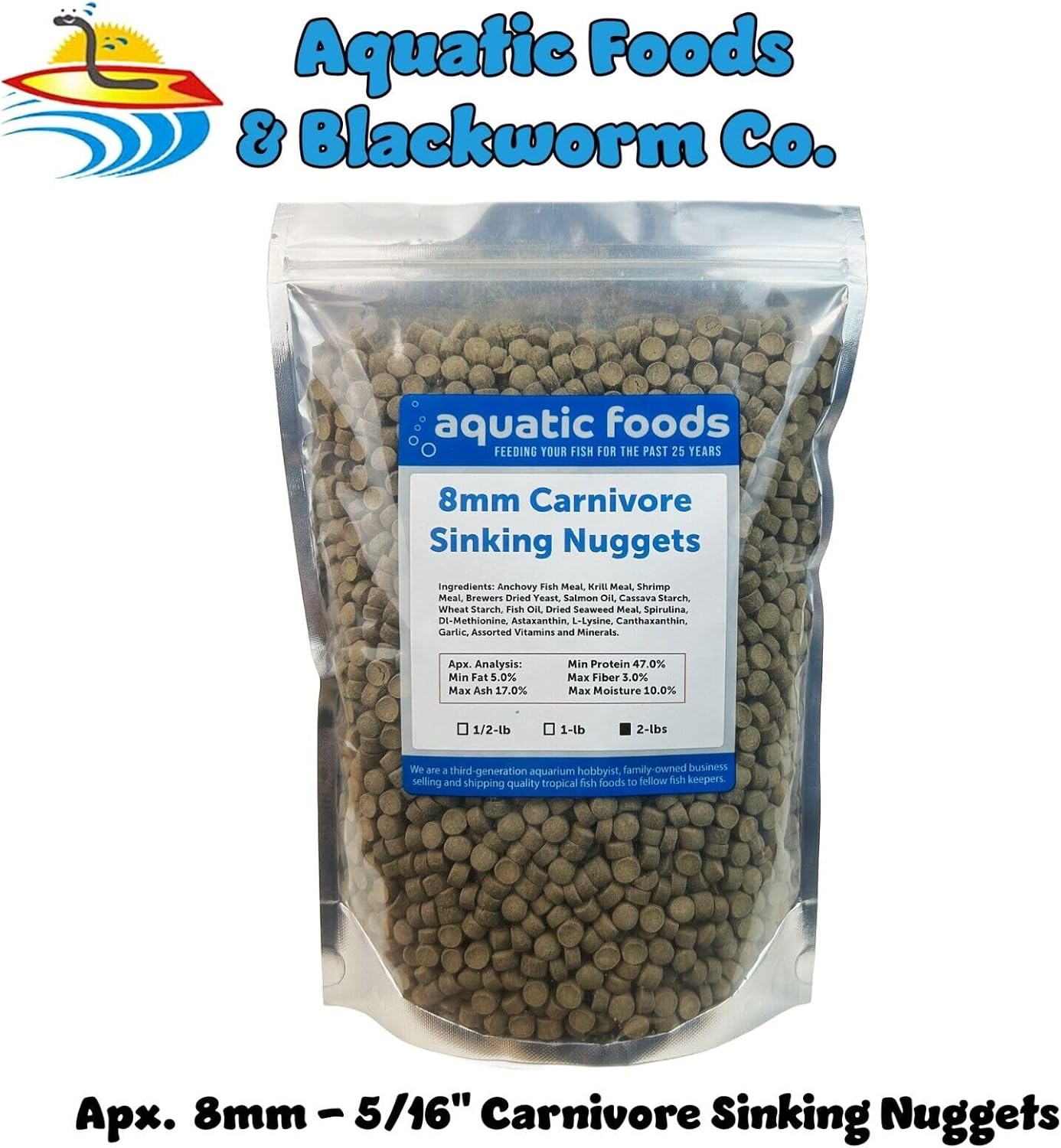 Aquatic Foods Inc. 8mm - 5/16" Carnivore Sinking Pellets for Carnivore Cichlids, Catfish, Monster Fish, Bottom Fish, All Large Fish, Also Koi & Pond Fish. - WL…2-lbs Foil Pouch Bag