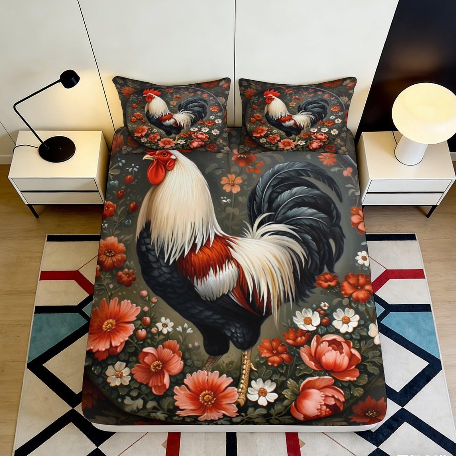 Pnayamiorkfel Style-1 3D Printed Rooster Floral Fitted Sheet Microfiber Soft Mattress Cover For Bedroom Guest Room Easy Care Decor 90X200x25cm