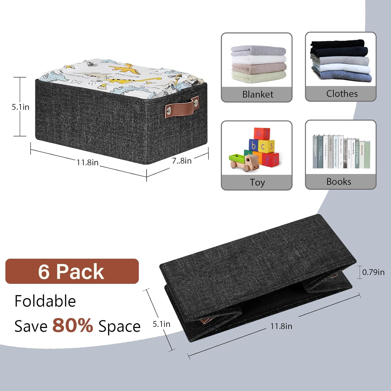 HNZIGE Fabric Decorative Organizers - 6 PCS Foldable Storage Bins with Handles for Closet Shelves (Black, 11.8 x 7.8 x 5.1)