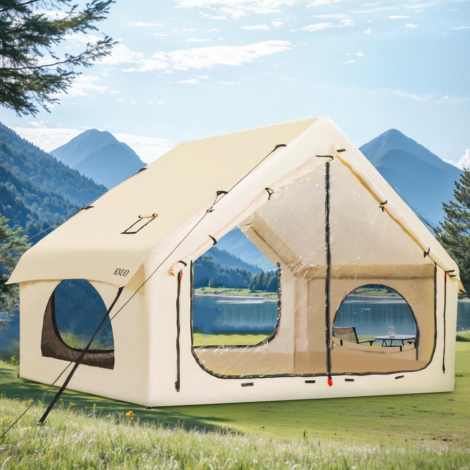 KNUO 2025 All-Season Panoramic PVC Doors Inflatable Camping Tent for Winter, Large Blow-Up Air Tent for 3-5 People, No Assembly Needed Luxury Glamping House, 7.2x10ft, Oxford Fabric