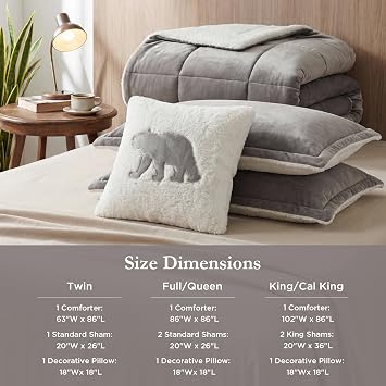 Woolrich Soft Plush Sherpa Reversible King Comforter Set, Grey & Ivory 4PC