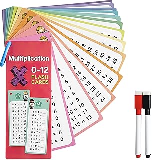 Times Tables Flash Cards, Multiplication Flash Cards, 0-12 Multiplication Flashcards with 2 Dry Erase Markers & Key Ring, Math Learning for Classroom Home Fun, Multiplication Practice Game