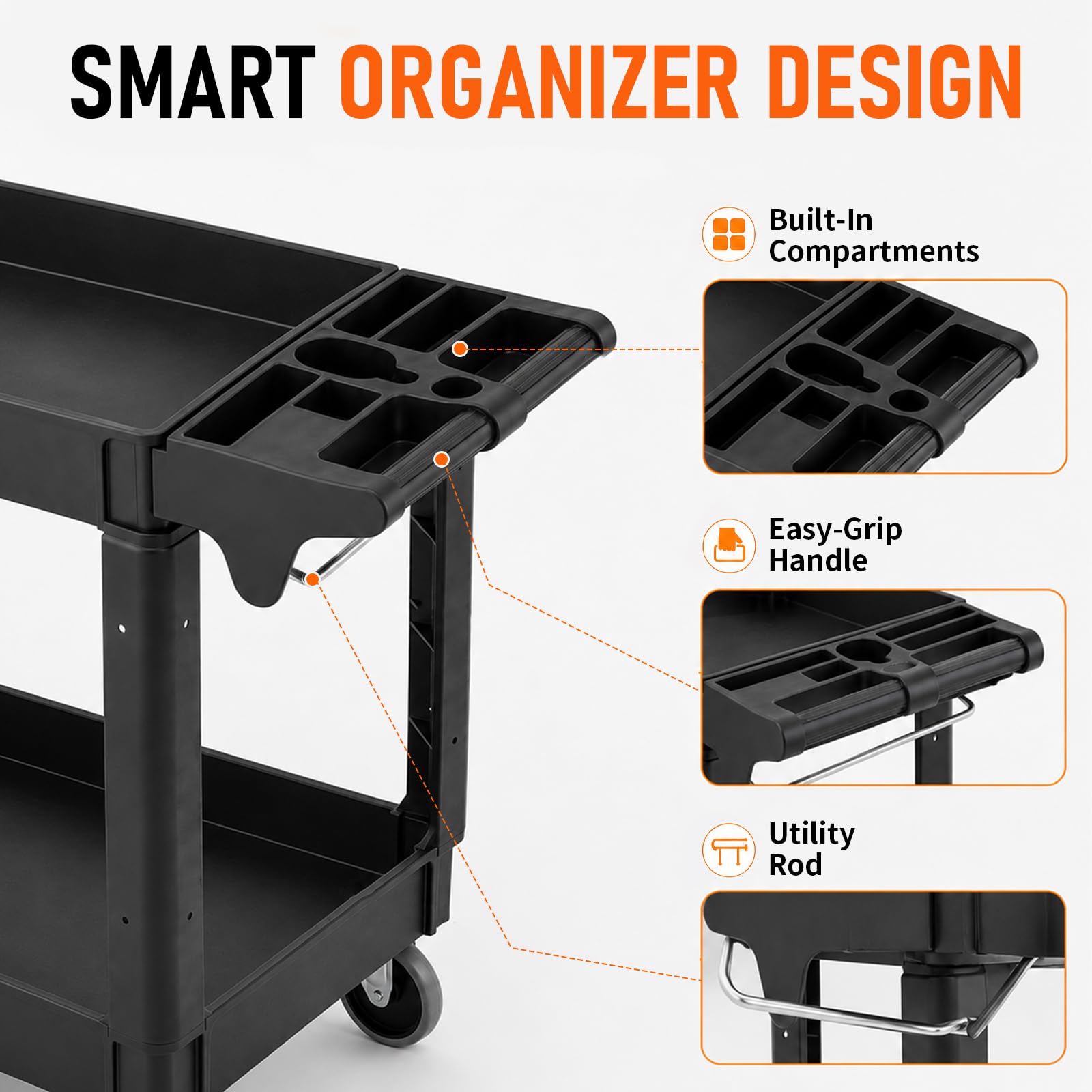 Carrito utilitario de plástico resistente, 40 x 17 x 34 pulgadas, carrito de servicio de 2 niveles con estantes profundos, ruedas giratorias completas, capacidad de 550 libras, carrito de