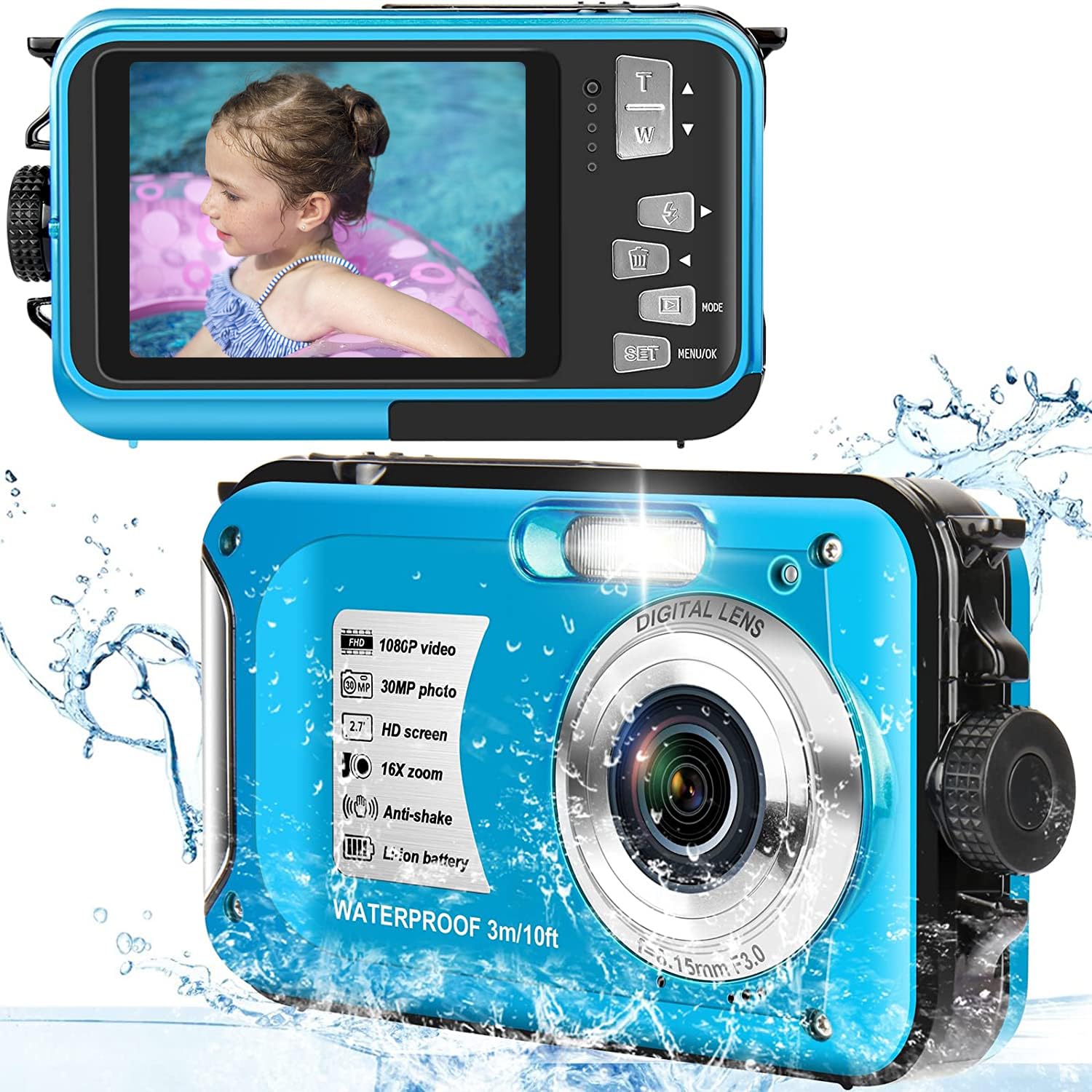 Camara Acuatica 10FT 1080P Full HD 30MP Camara Acuatica Niños Cámara con Tarjeta de 32 GB Digital Zoom 16X Camara Acuatica Sumergible