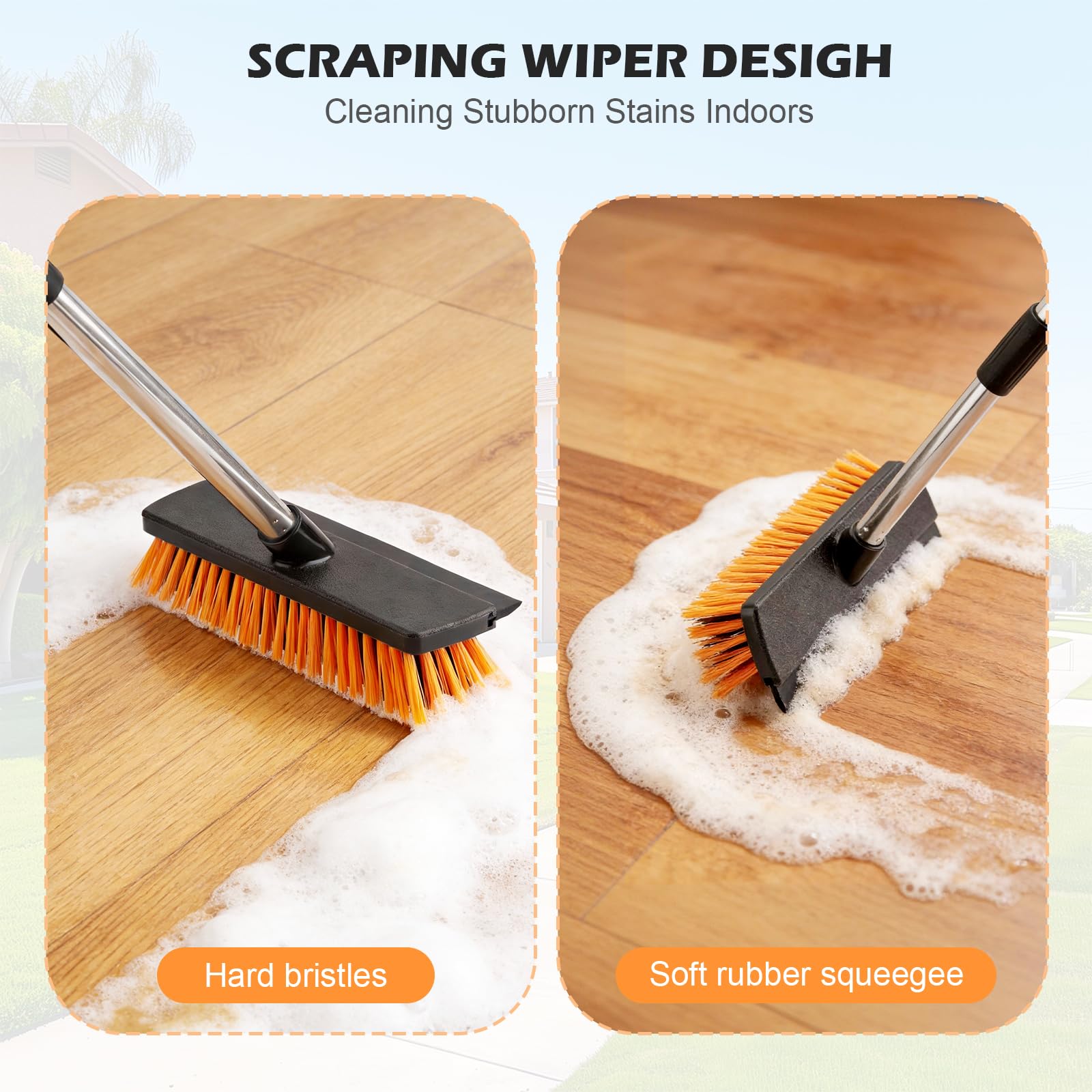 Spazzolone per Pavimenti Esterni da 26 cm, Spazzola a Setole Rigide 2 in 1 con Tergipavimento, Scopa da Esterno Regolabile da 126 cm Adatta per Cortili, Strade, Terrazze, Giardini e Uso Casa