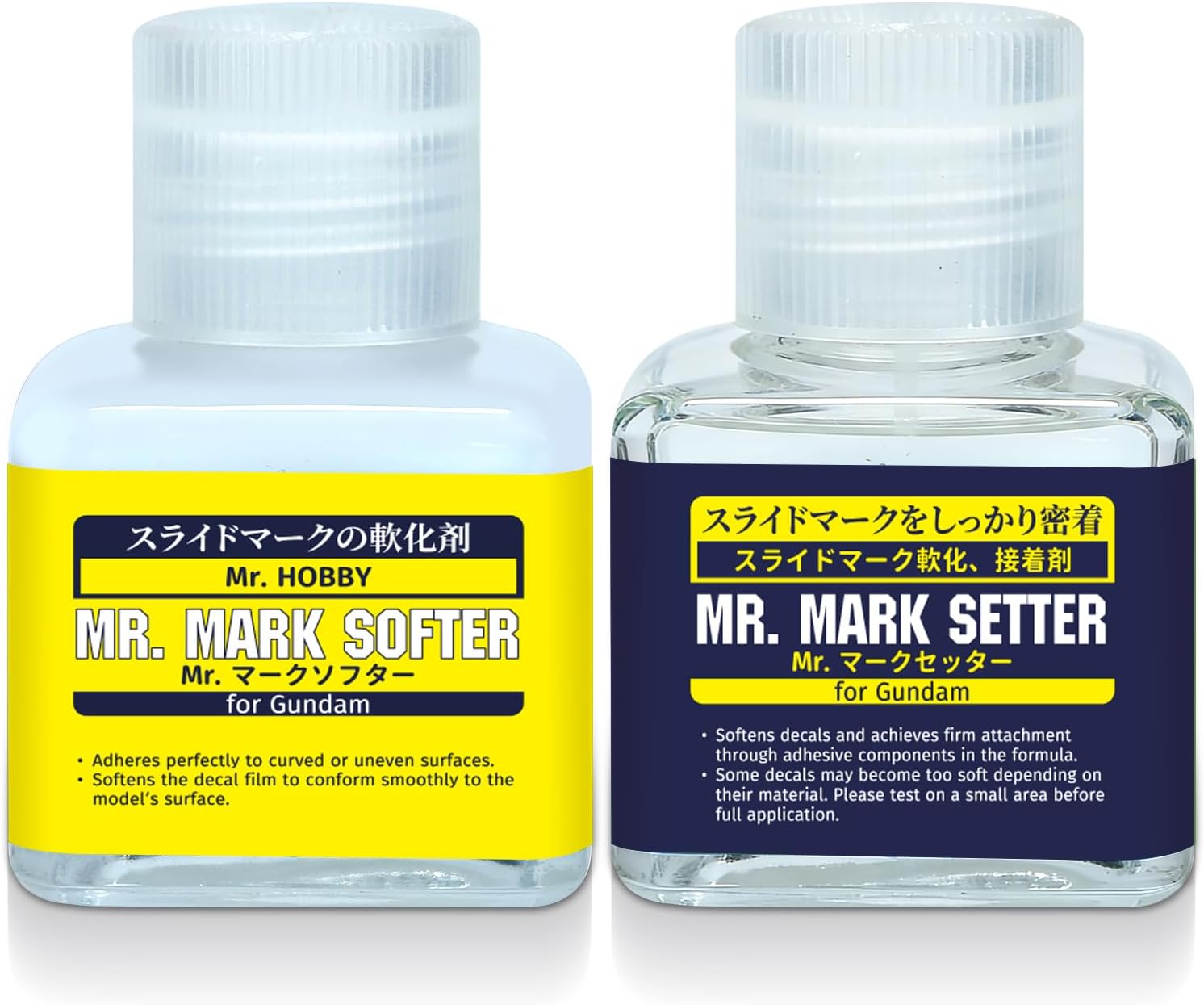 Mr. Mark Setter & Softer Bundle for Gundam Models, Decal Adhesive & Softening Solution Set, Strong Adhesion & Curve Conform Fit, 40ml + 40ml, 2 Bottles