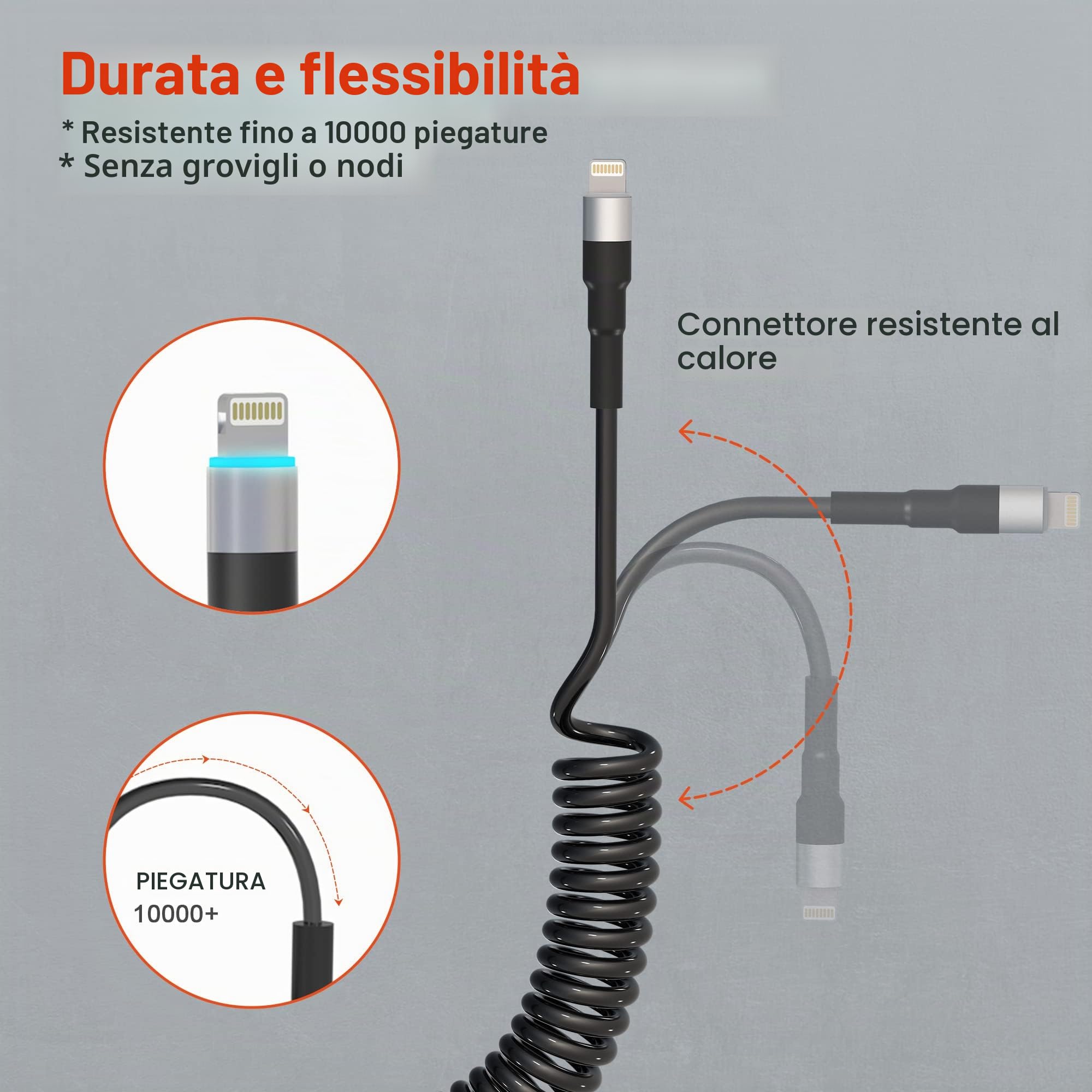 Cavo iPhone Spirale USB A a Lightning Compatibile con Apple Carplay [Certificato MFi], Sincronizzazione Dati e LED, Caricabatterie Retrattile per iPhone/iPad/AirPods