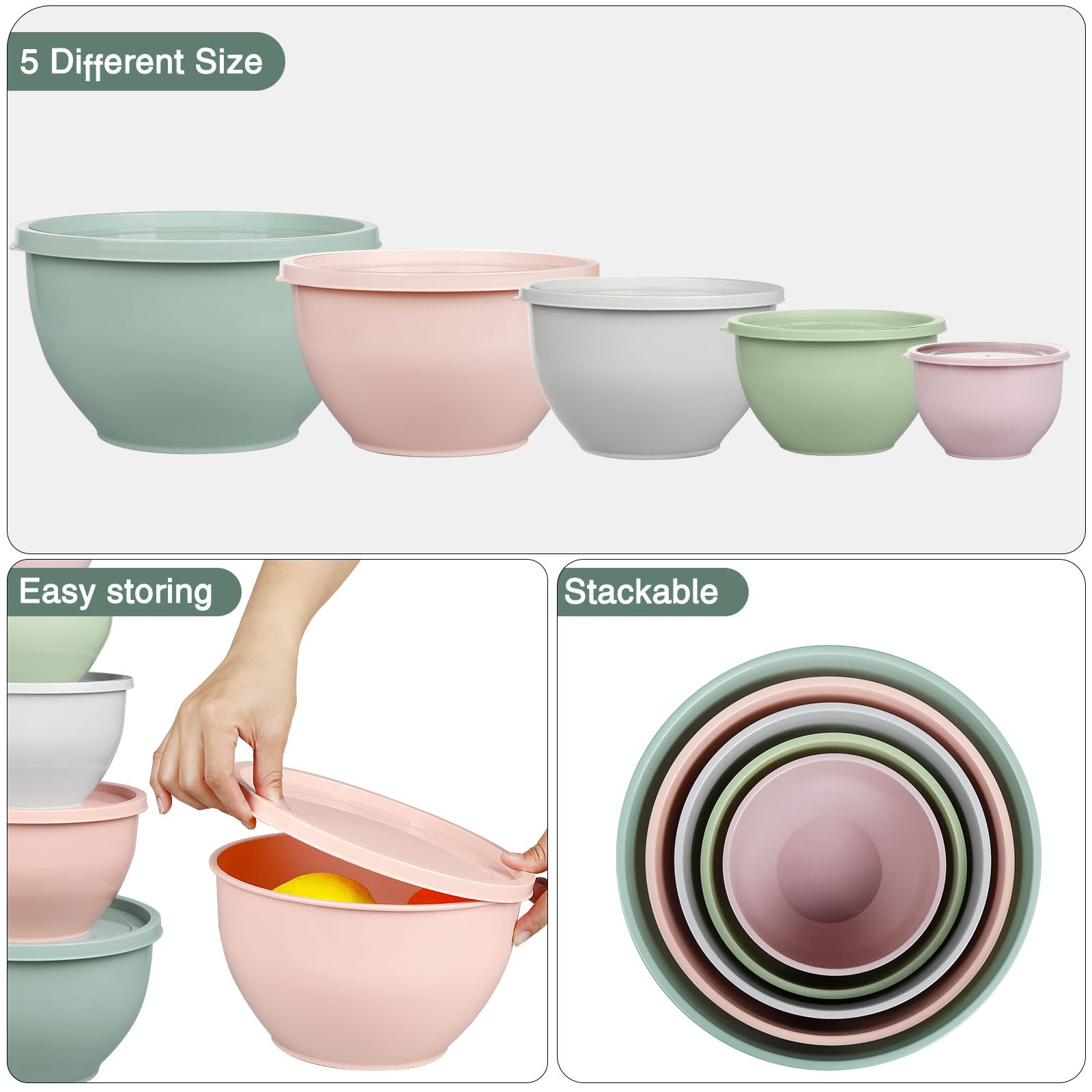 Greentainer Plastic Mixing Bowls Set including Lids, Nesting Bowls for Prepping Serving, Cooking & Baking - Image 4