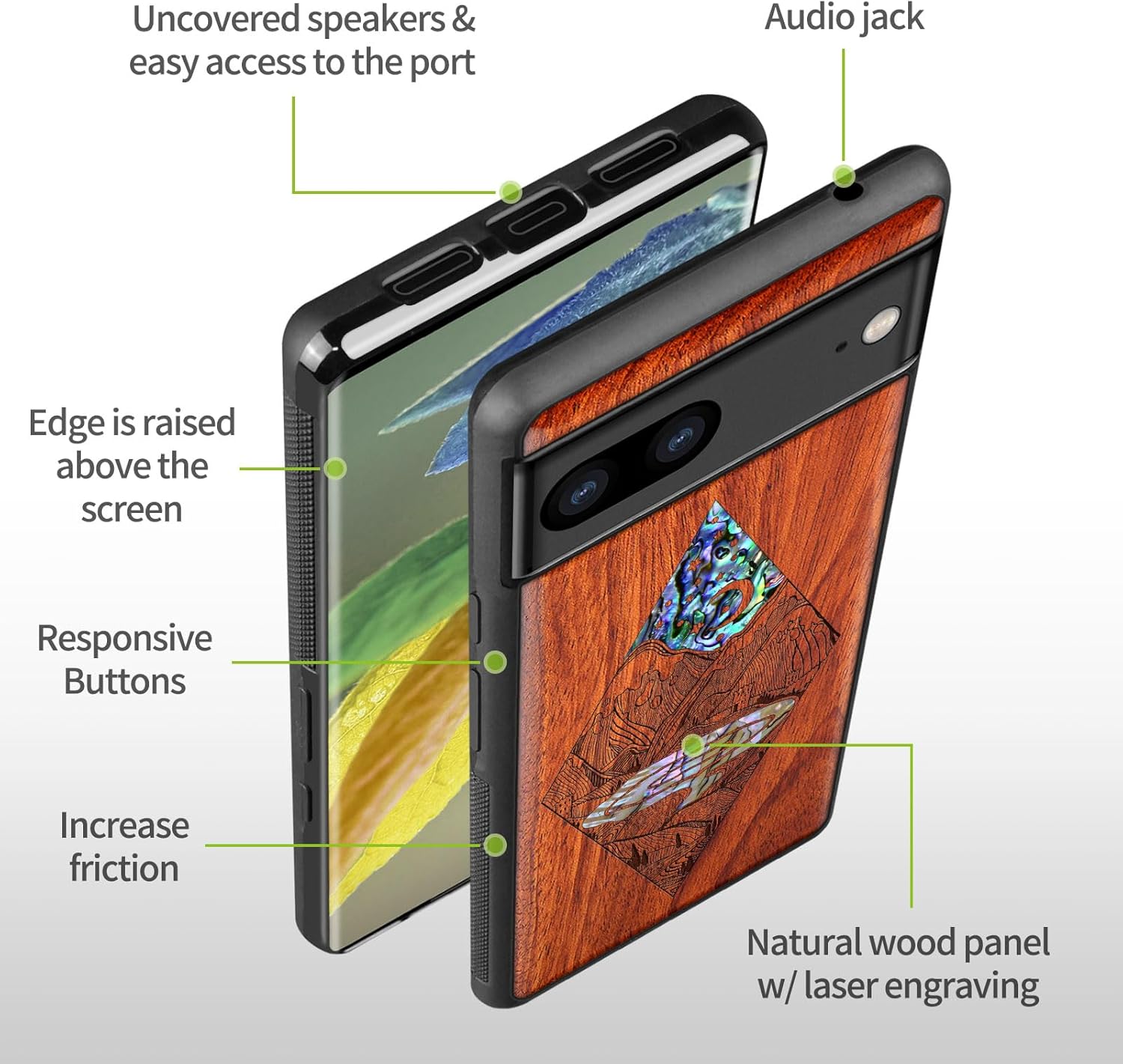 Carveit Designer Wooden Case for Google Pixel 8 Case Protective Cover [Wood Engraving & Shell Inlay] Compatible with Wireless Chargers Pixel 8 (Starry Starry Night-Rosy)
