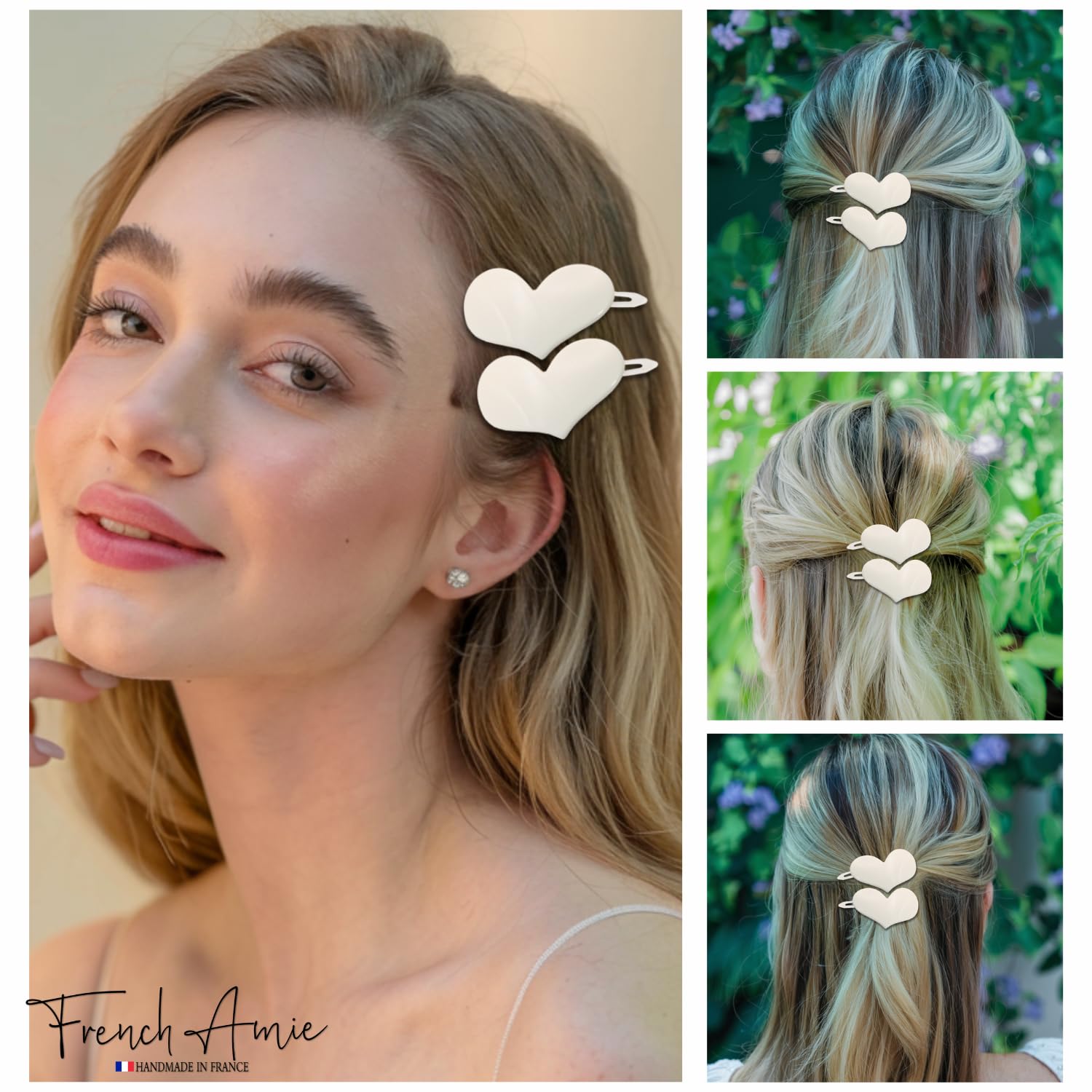 French Amie Cupid Hearts Small 2.5” Handmade Cellulose Metal Free Side Slide Barrette Snap on Hair Clips - 2 Pieces (Solid Ivory)