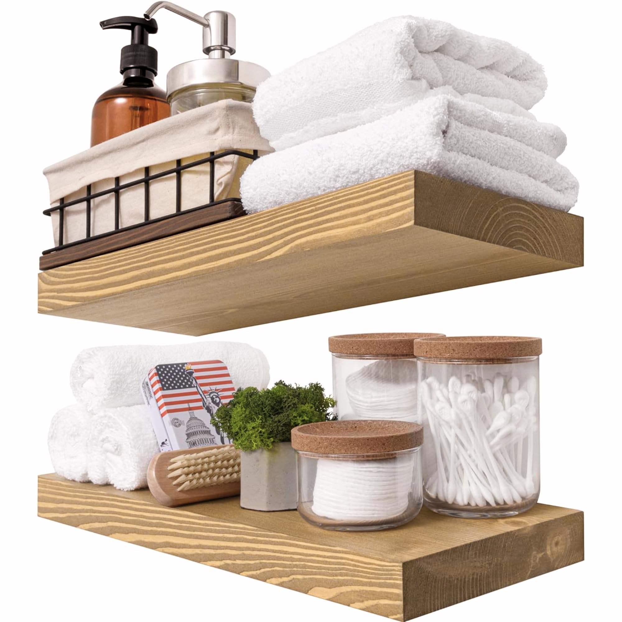 BAOBAB WORKSHOP Natural Wood Floating Shelves Set of 2 - Deep Wall Shelves for Bedroom - Bathroom Shelves for Room Wall - Kitchen Floating Shelf - Gold Oak Shelves - 16D x 6.7W