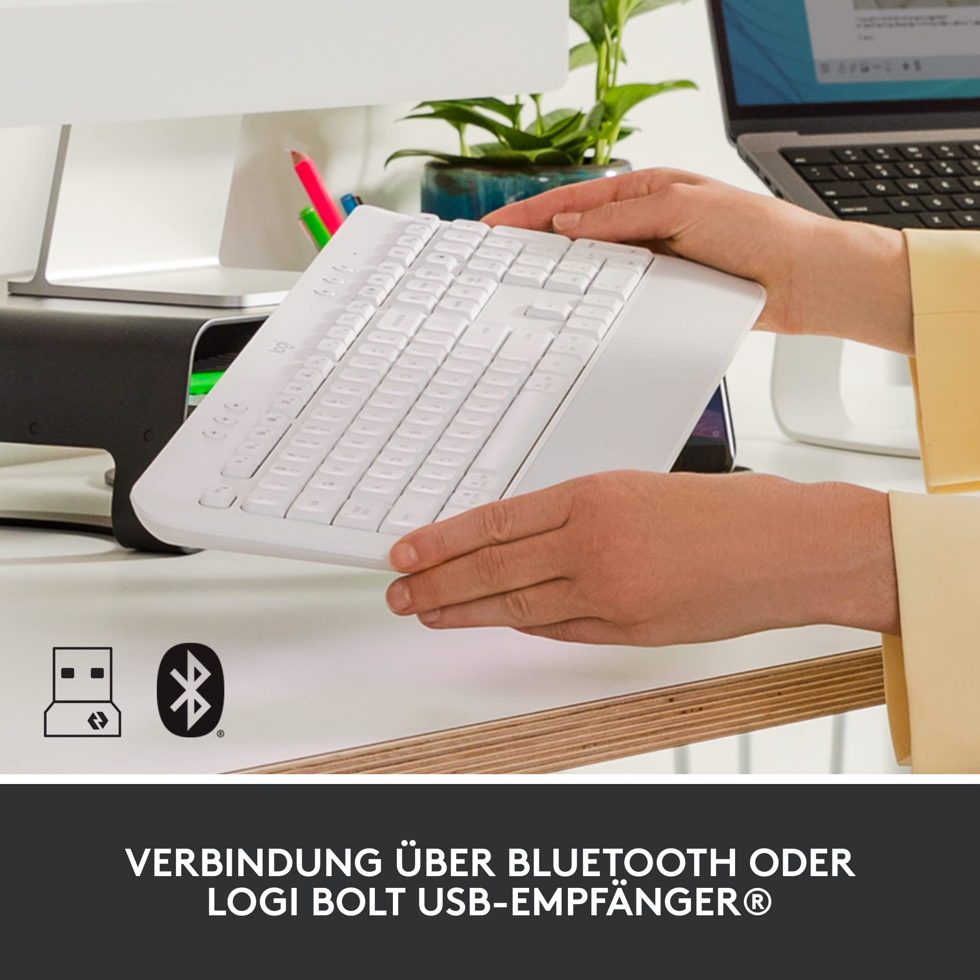 Logitech Signature K650 Comfort kabellose Tastatur mit Handballenauflage | BLE Bluetooth/Logi Bolt USB-Empfänger, Soft-Touch-Tastatur, Numpad, PC/Windows/Mac, US QWERTY - Weiß