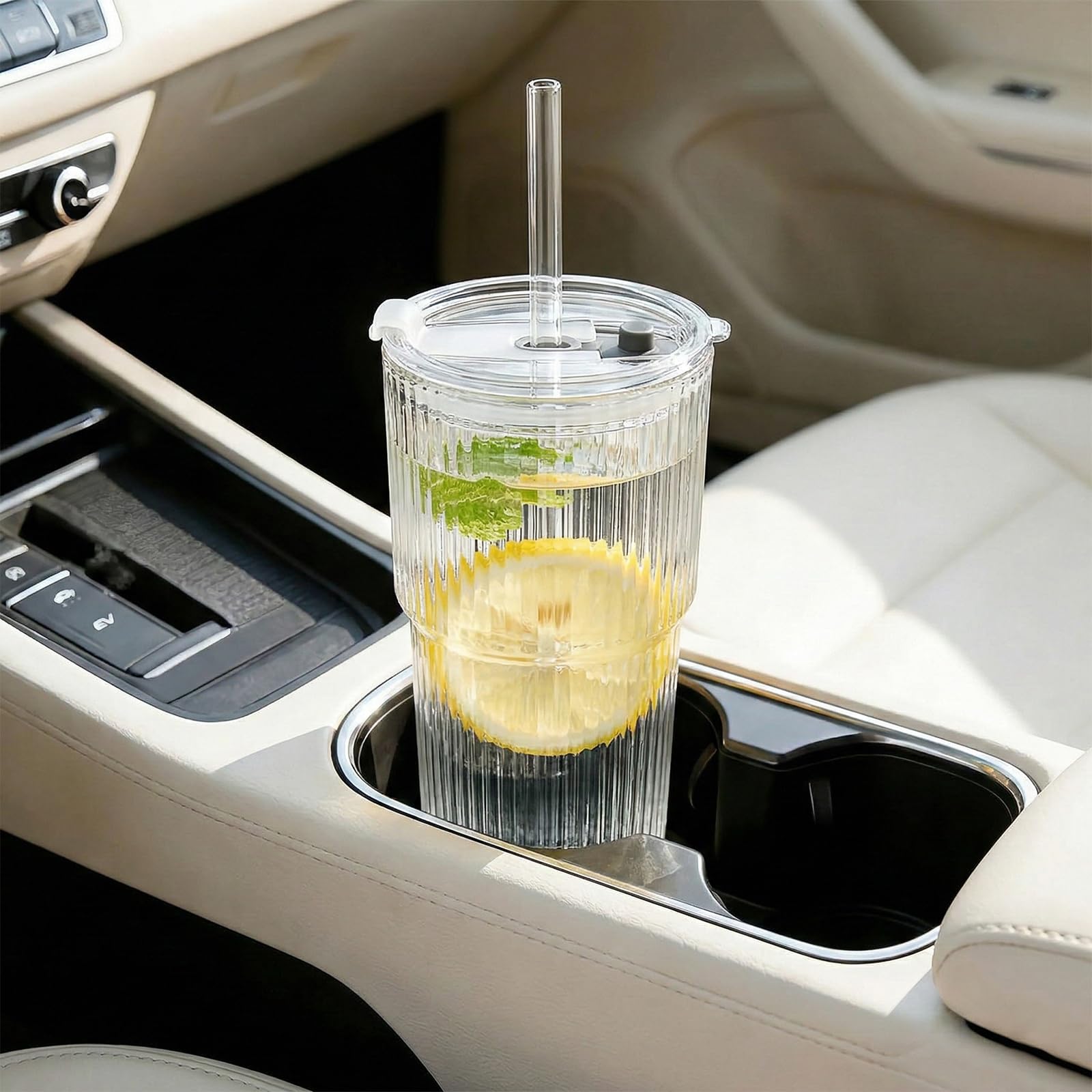VITEVER Juego de 2 vasos de cristal acanalados de 600 ml con tapa y pajita, vasos de café helado, juego de vasos largos, vasos para batidos, diseño hermético e impermeable, ideal como café