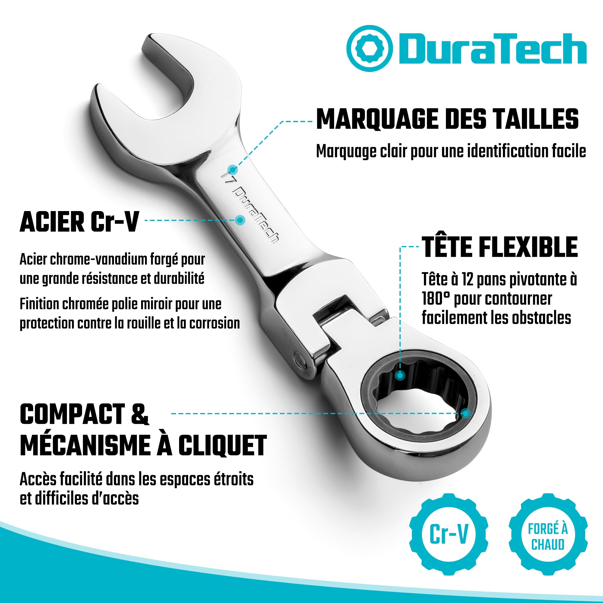 DURATECH Jeu de clés mixtes courtes à cliquet à tête flexible, 12 pièces | Tête Flexible, 8-19 mm, Cliquet, Acier Cr-V, Pochette Enroulable