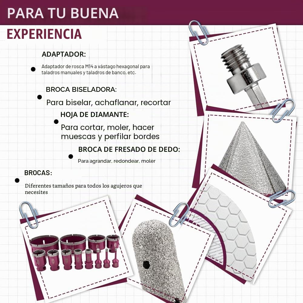 Brocas para Porcelánico 9 Piezas - 20/25/35/55/68mm x M14 Corona de Diamante, 20mm Fresa, 50mm Broca de Chaflán, Aadaptador, 125mm Disco Diamante para Azulejos Cerámica Mármol Granito