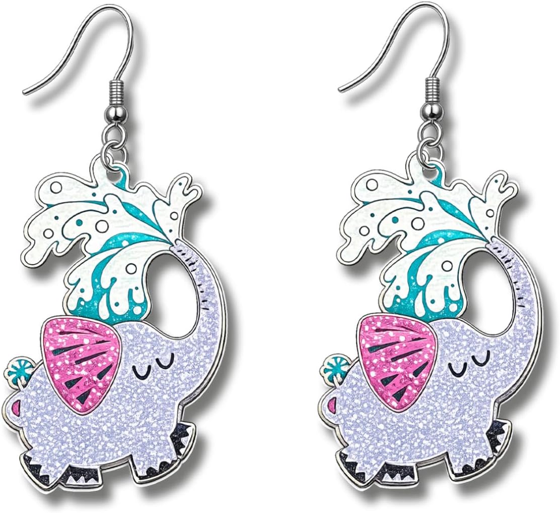 Elephant Acrylic Earrings - Whimsical Elephant Acrylic - Animal Lover Jewelry - Funny Forest Animal Birthday - Pet Owner Earrings - For Teachers - Educators - Librarians - Women Stainless