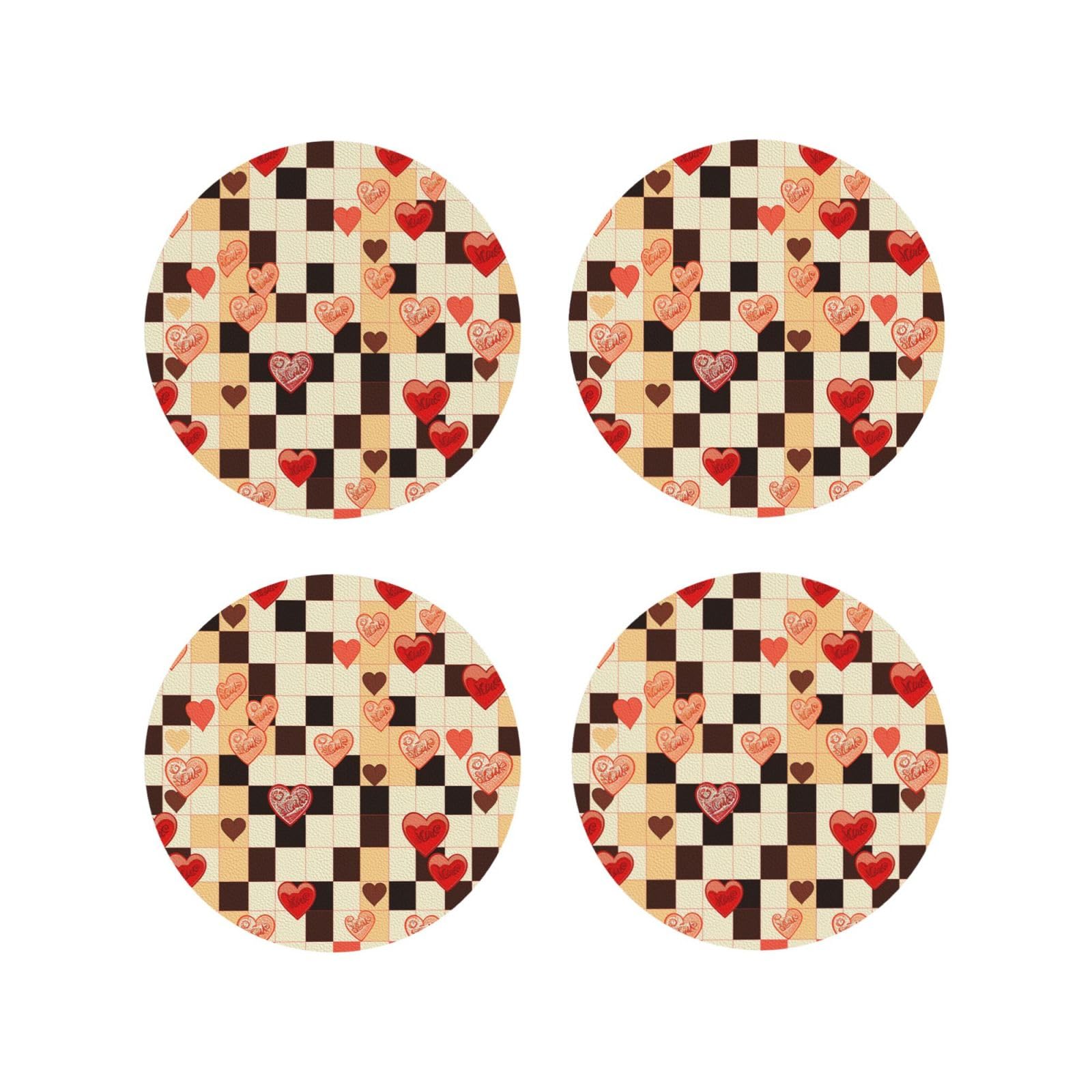 4pcs Drink Coasters for Tabletop Protection, 4" Leather Coasters for Drinks, Checkerboard Hearts Cup Coasters for Coffee Table Decor, Non-Slip Drinking Cup Mat for Hot Or Cold Drink