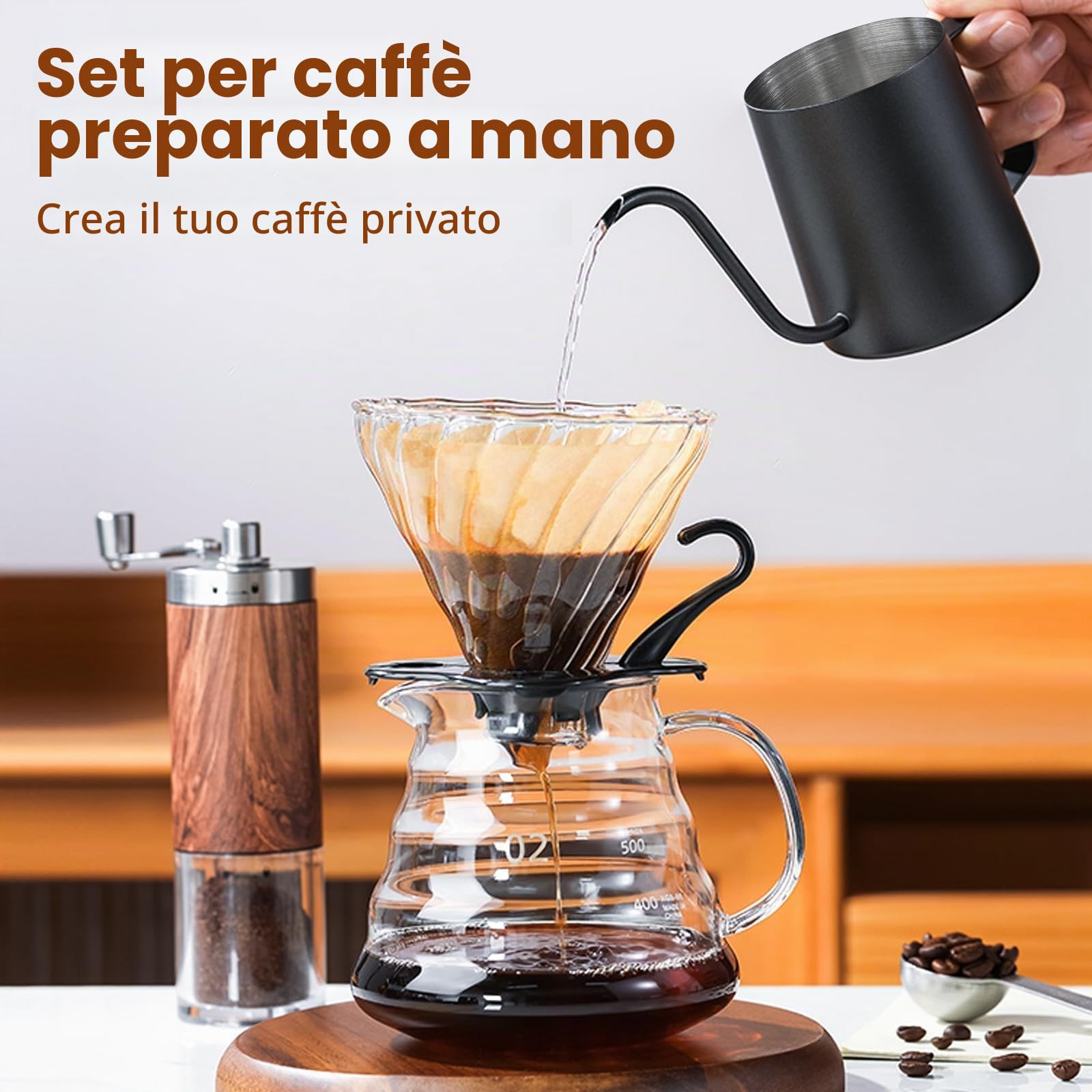 Set di Macinacaffè Manuali da 7 Pezzi,Versare sopra la caffettiera con set di bollitore,Macinacaffe Portatile Professionale,Grado di Rettifica Regolabile,Per l'ufficio domestico (100 filtri)
