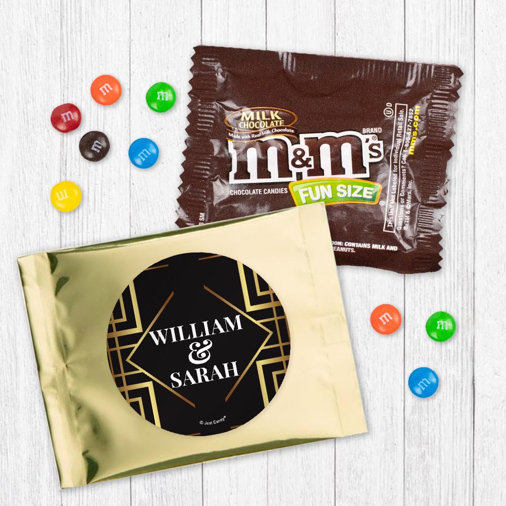 12ct Personalized Wedding Party Favors &M's Candy Fun Size for Guests (12 Pack) - Gold Foil - (3 x 4in) Milk Chocolate, Black and Gold