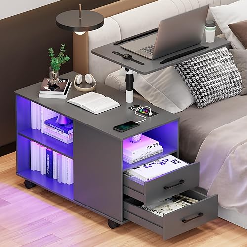 Miniatura 15 de HNEBC Mesita de noche con estación de carga inalámbrica, mesita de noche LED con estación de trabajo giratoria ajustable, mesita de noche 1
