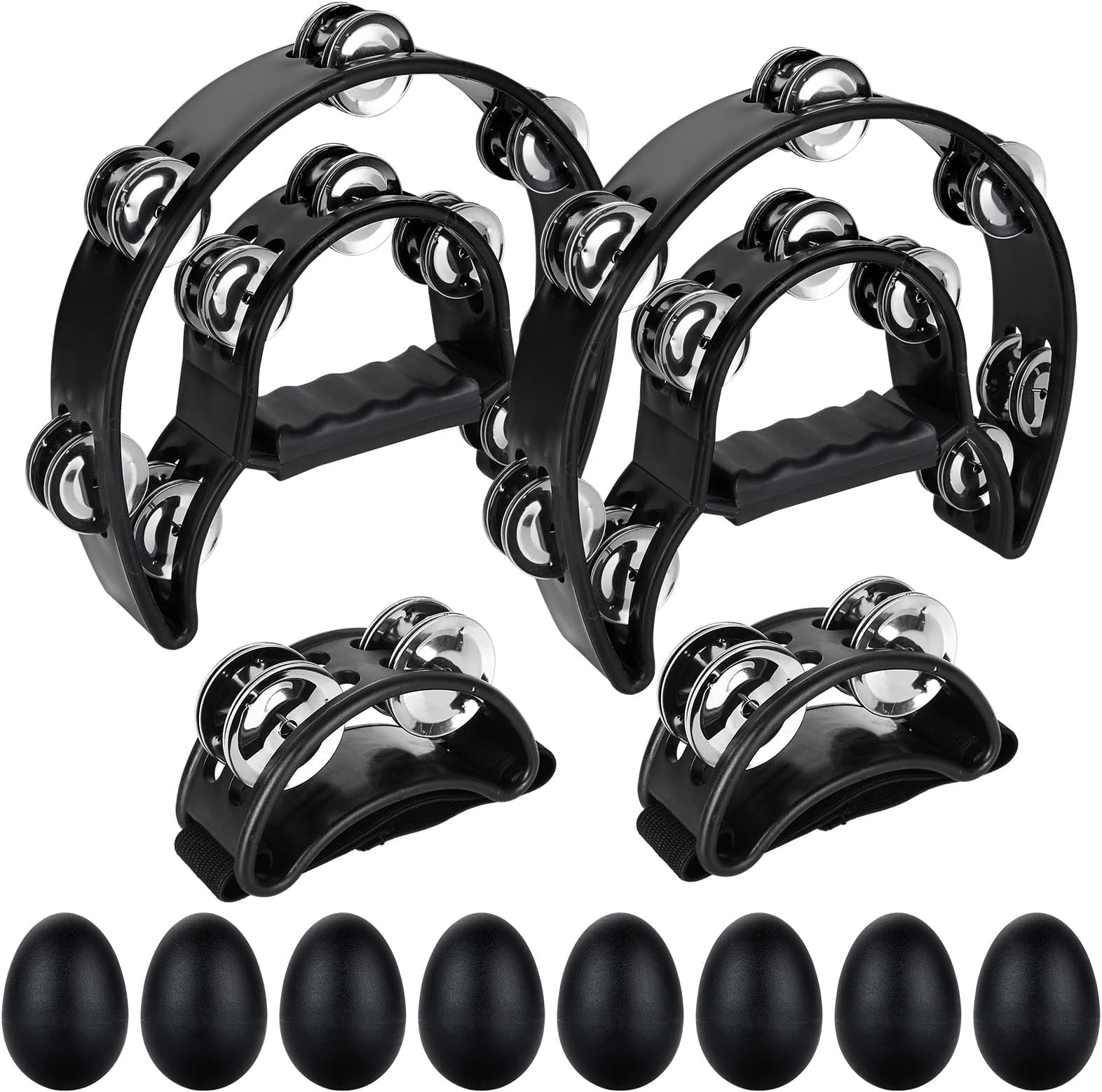 Tambourine 2 Pack 10 Inch Double Row Tambourine Metal Jingles Hand Held Percussion with 2 Foot Tambourine, 8 Egg Shaker, Half Moon Music Tambourine for Adult KTV Party (Black)