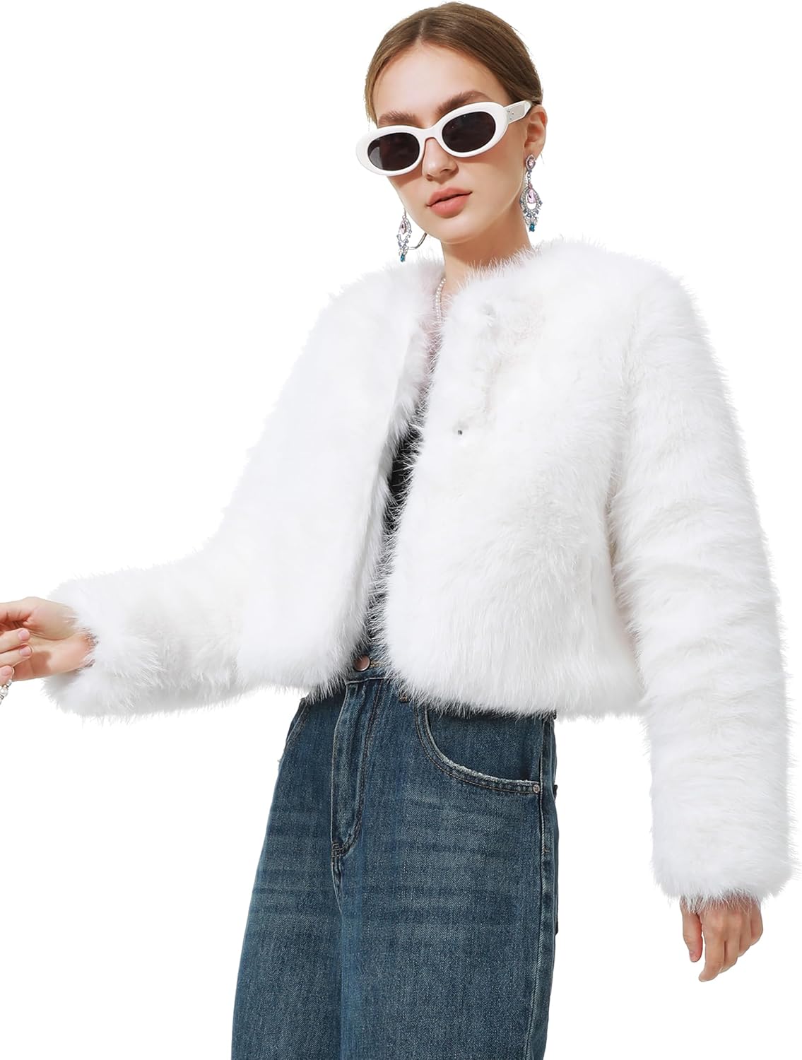 LA CARRIE Women's Faux Fur Winter Cropped Fluffy Jacket Long Sleeve Open Front Cardigan Shaggy Warm Fall Winter Outerwear - Image 2