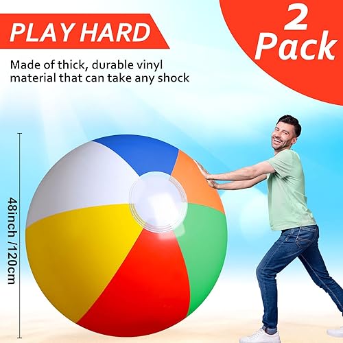 Miniatura 3 de 2 bolas de playa inflables gigantes de 48 pulgadas de color arcoíris gigante, bolas de playa inflables de plástico enormes para niños y adultos,