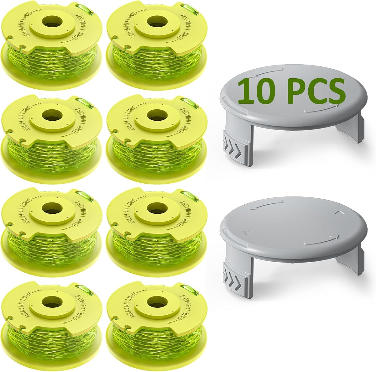 10 Pack 0.080" Weed Wacker String Replacement Compatible with Ryobi ONE+ | Auto Feed Pre-loaded String Trimmer Refill, Trimmer Line Spool Replacement for Ryobi 18V 24V, AC80RL3, 8 Spools with 2 Caps