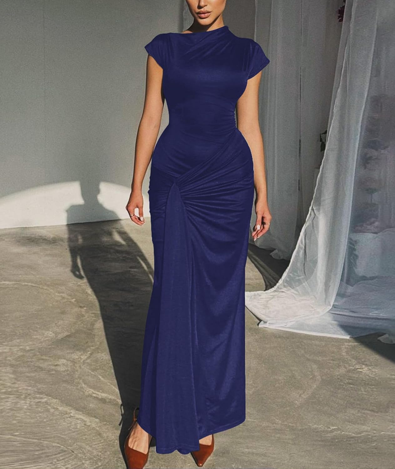 Mojessy Women Bodycon Maxi Dress Sexy Mock Neck Lace Up Bandage Ruched Short Sleeve Long Dress Cocktail Dress - Image 4