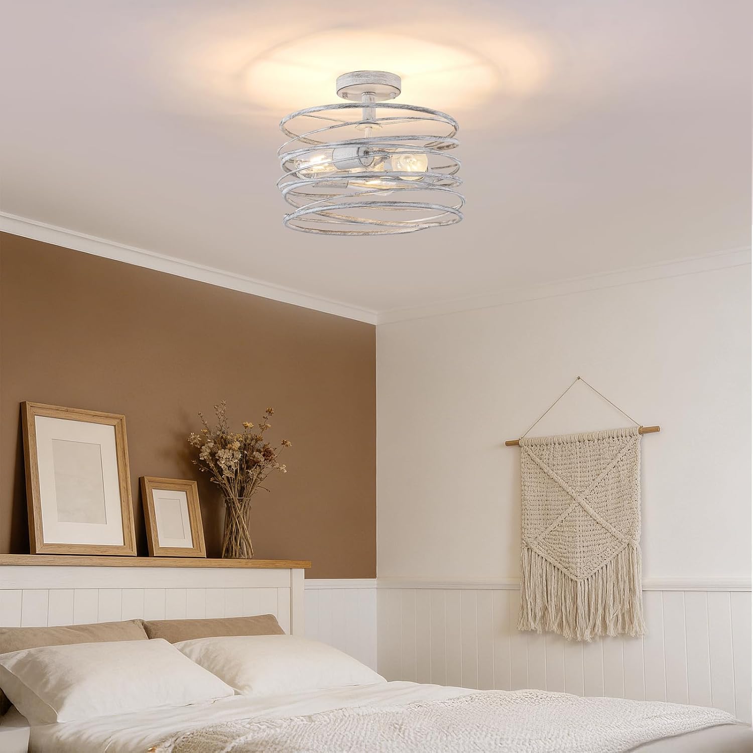 White 3-Light Rustic Drum Semi Flush Ceiling Light Fixture, Retro Farmhouse Chandeliers Metal Cage for Dining Room, Industrial Pendant Light Fixture for Entryway Kitchen Foyer Bedroom