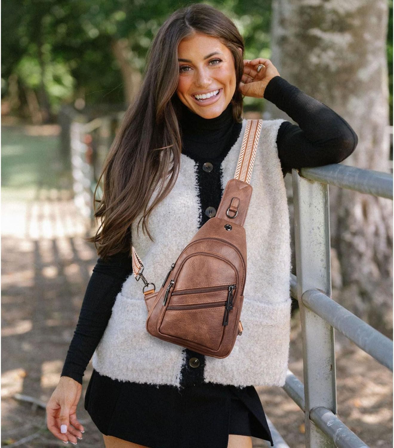 7L Crossboydy Sling Bag for Women Vegan Leather Crossbody Purse Fanny Pack Chest Bag for Travel, Brown - Image 3