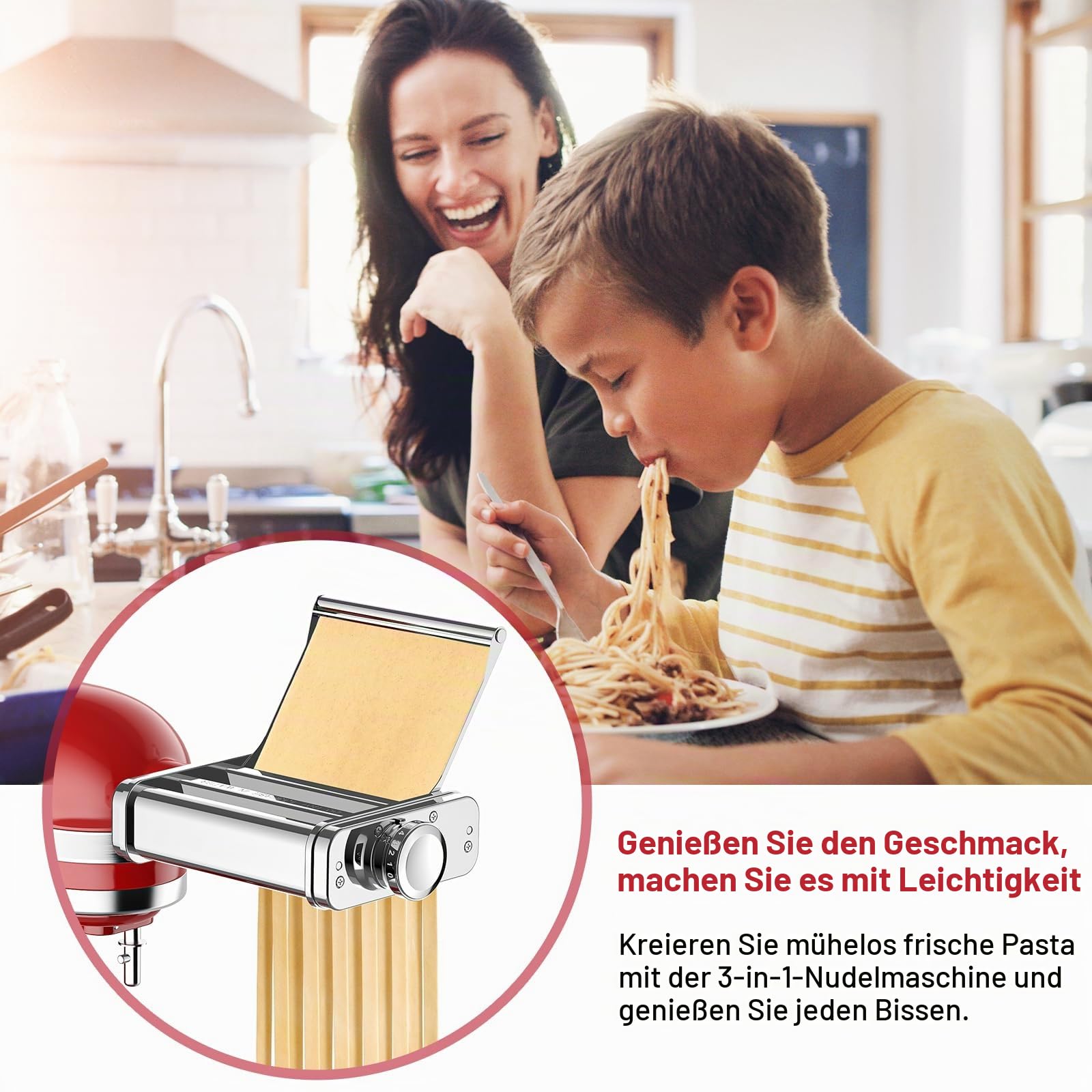 COFUN Edelstahl Nudelaufsatz Set für KitchenAid Standmixer, 3 in 1 Pasta Zubehör für KitchenAid Nudelvorsatz, Inkl FettuccineSchneider, SpaghettiSchneider & Nudelwalze, mit Edelstahl Führungsblech