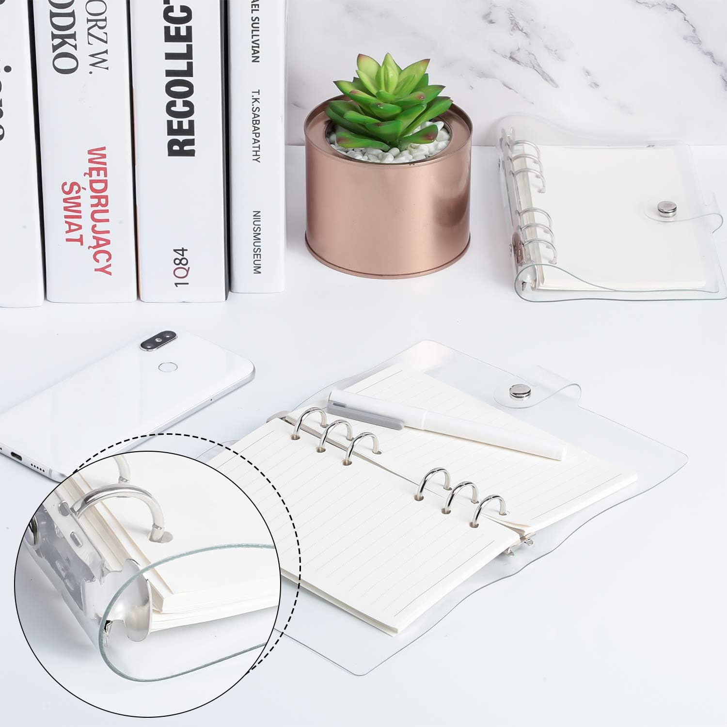 Zonon Clear A6 Binder Transparent Soft PVC 6 Ring Budget Binder Refillable Planner Binder Cover Protector Snap Button Closure Loose Leaf Folder for School, Meeting, Travel, Office (2 Pcs)