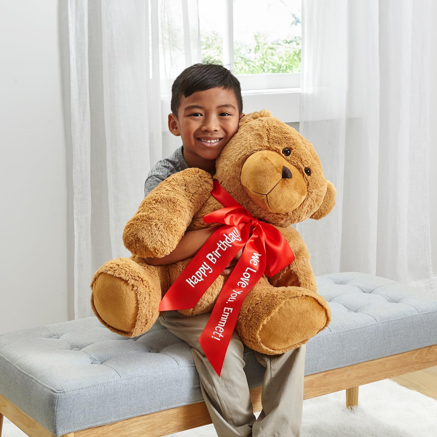 Let's Make Memories Personalized Giant Teddy Bear - Plush Stuffed Animal for Her Him Kids - 27" Tall - Valentines Day Birthday Graduation Baby - Custom Text Message Names - White Satin Ribbon