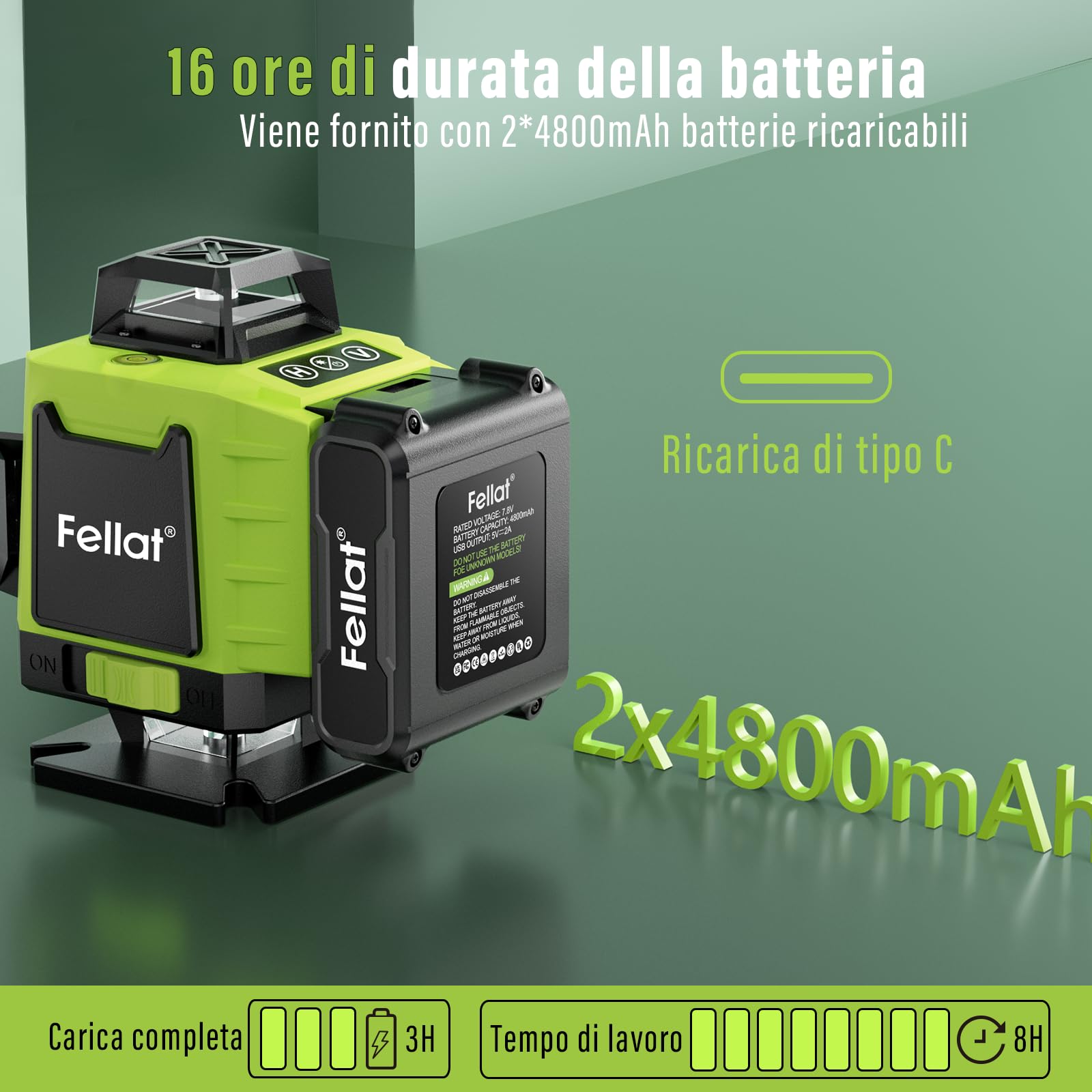 Livella Laser, FELLAT 4x360° Livello Laser Verde Autolivellante con 2 Batterie Ricaricabili da 4800 mAh, Telecomando, Base di Sollevamento, Supporto Magnetico Rotante