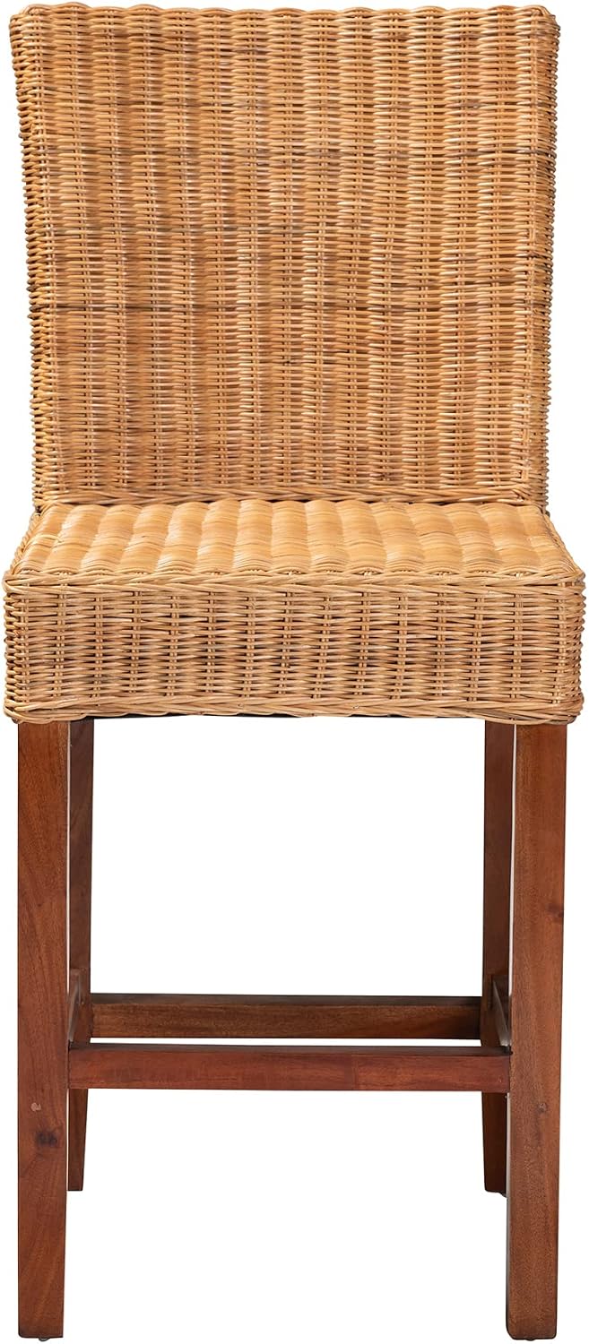 bali & pari Racquel Modern Bohemian Natural Rattan and Mahogany Wood Counter Stool