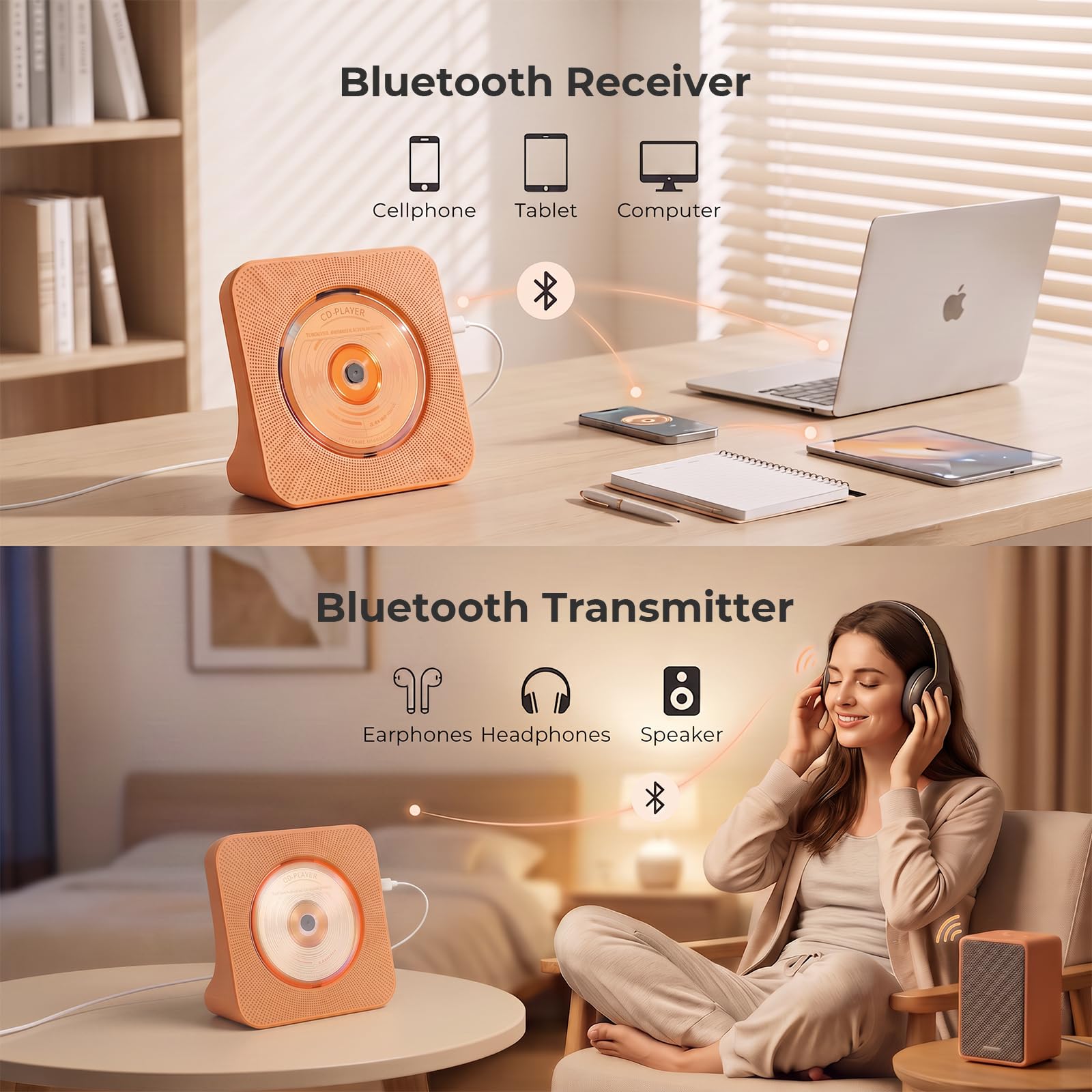 Lecteur CD Bluetooth 5.0 avec Haut-parleurs, Radio Orange