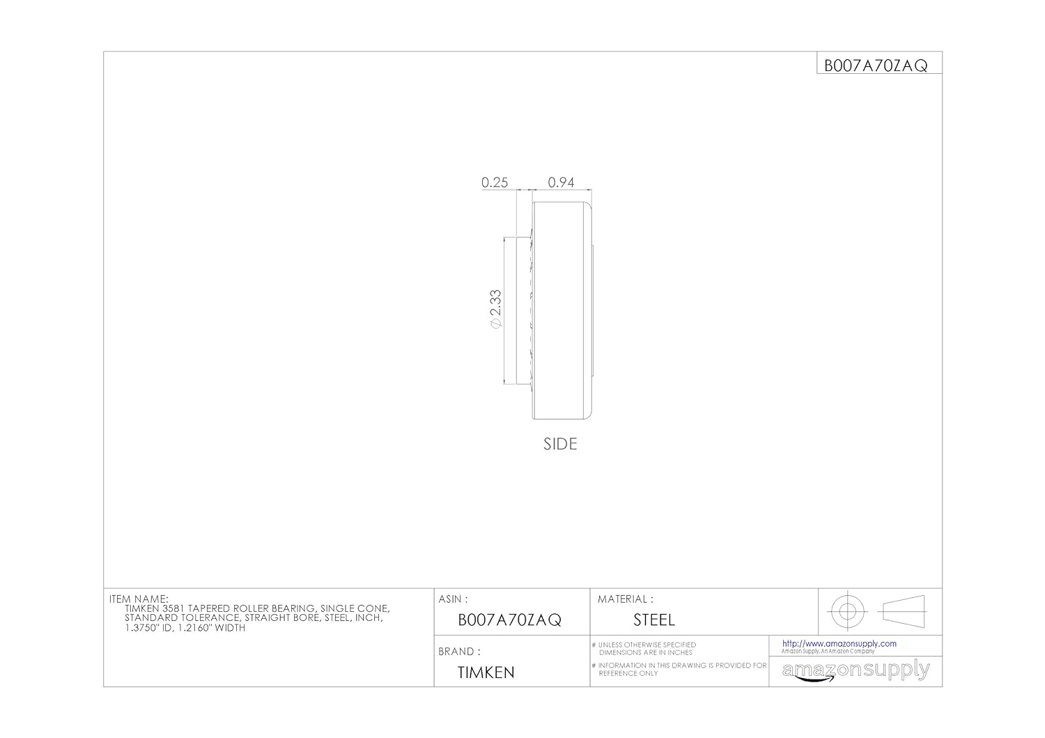 Timken 3581 Tapered Roller Bearing, Single Cone, Standard Tolerance, Straight Bore, Steel, Inch, 1.3750" ID, 1.2160" Width