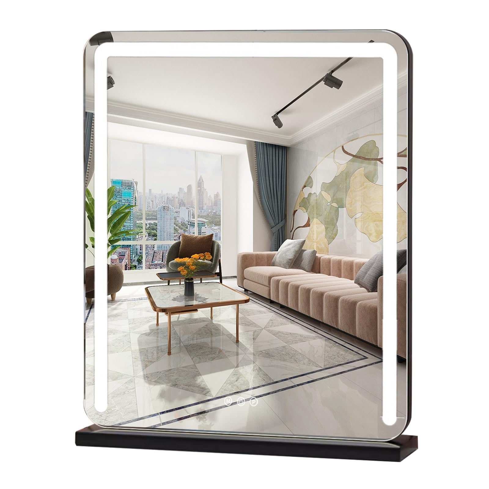 Espejo de maquillaje LED inteligente Lar, gran formato 52x64 cm en color negro elegante