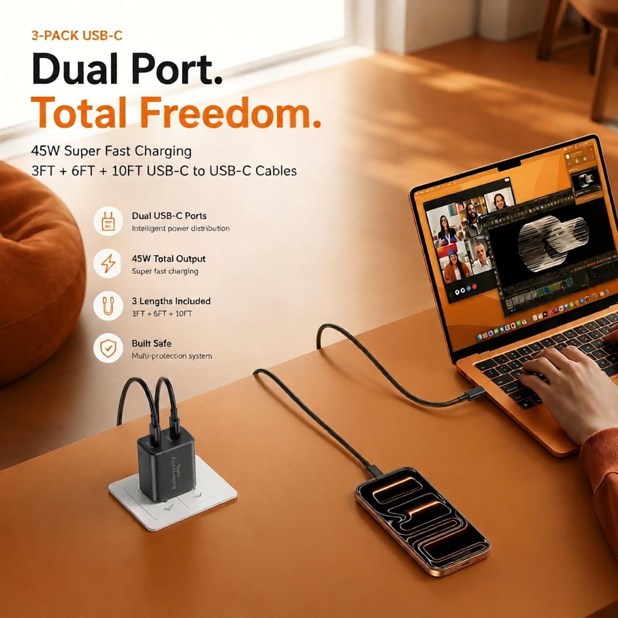 45W 3Pack Black Super Fast Charger USB C Dual Port Charger Type C Fast Charging Block with 60W [3FT+6FT+10FT] USB C to USB C Charger Cord for Galaxy S26/S25/S24,for iphone 17/16/15,for iPad and More image 3