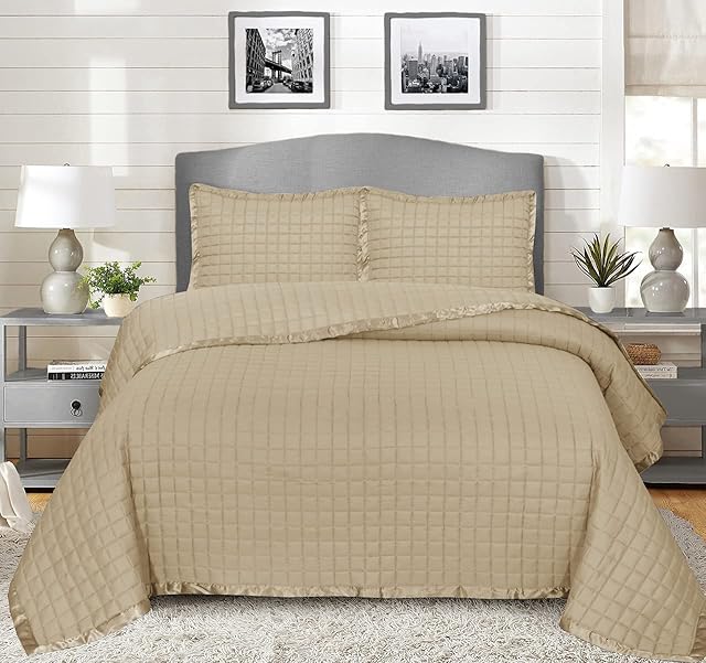 B&B Quilted Bedspreads Bed Throw Double Bedding Set - Silk Border Embossed patterned bedspread Throw Blanket Comforter Double Bed in 3PCS with 2 soft pillow Shams (Osca Beige)