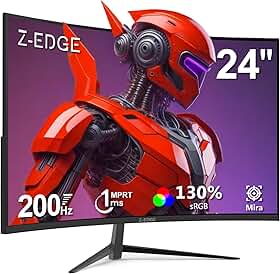 Monitor Gamer Curvo 24 polegadas Z-Edge, 200Hz/165Hz/144Hz, 1 ms, Monitor pc LED com cabo DP, FHD (1920x1080), VA 1650R, 300cd/m², FreeSync, HDMI 2.0/DP 1.4, Ajuste de Inclinação, Sem Bordas