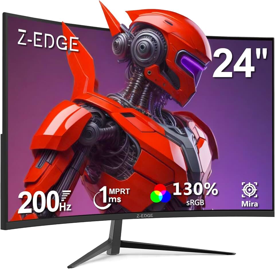 Monitor Gamer Curvo 24 polegadas Z-Edge, 200Hz/165Hz/144Hz, 1 ms, Monitor pc LED com cabo DP, FHD (1920x1080), VA 1650R, 300cd/m², FreeSync, HDMI 2.0/DP 1.4, Ajuste de Inclinação, Sem Bordas