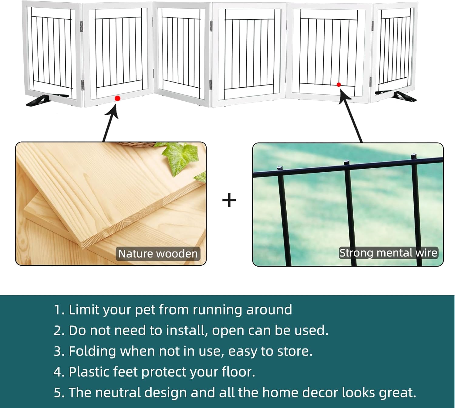 ZJSF Freestanding Dog Gate Indoor, Foldable Dog Fence for Doorways,Hallways or Stairs, Sturdy Wood Extra Wide Pet Gate with Support Feet,White,24 "Height-6 Panels