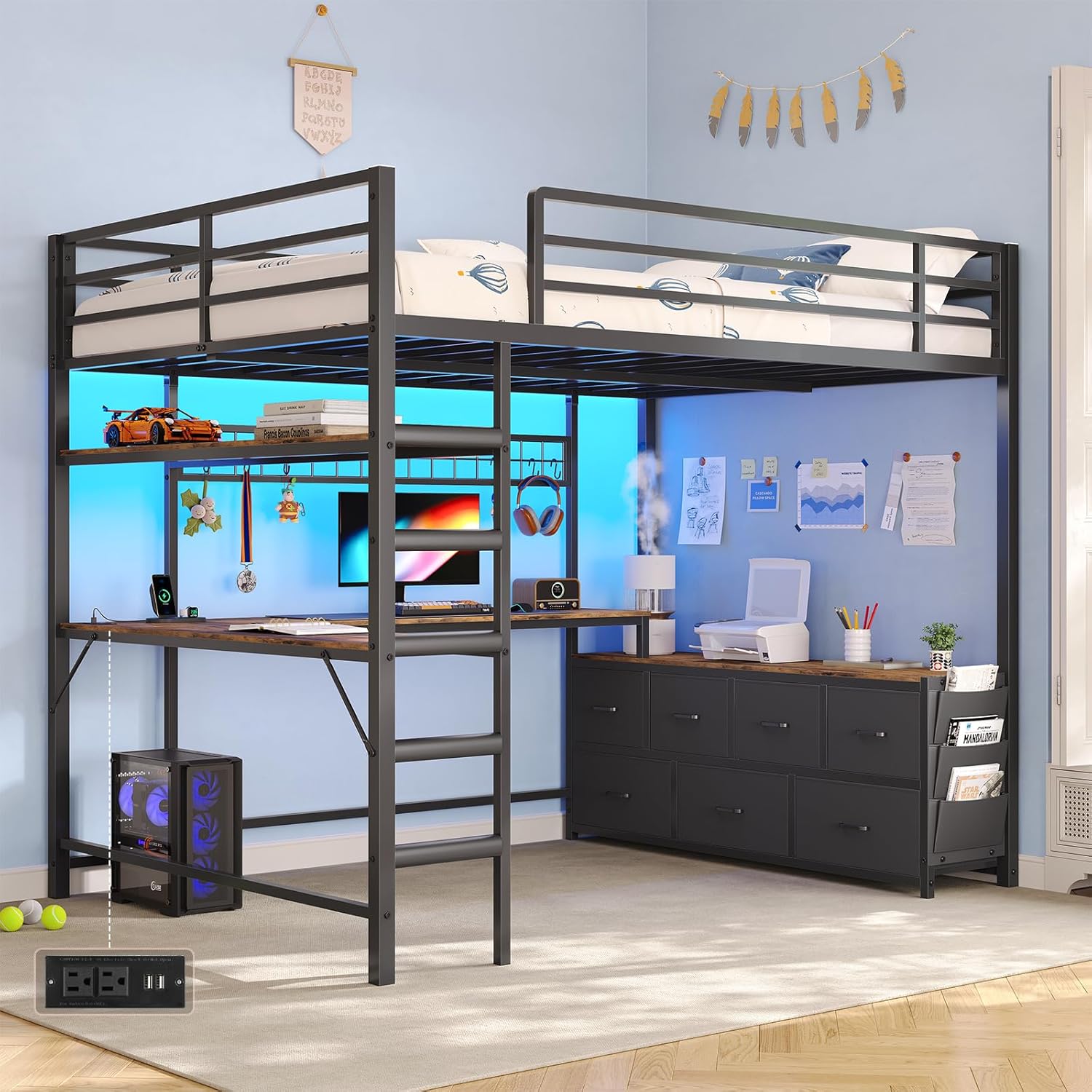 Full Size Loft Bed with U-Shaped Desk, 7-Drawer Storage and 2-Tier Shelves, Built-in Charging Station and RGB LED Lights, Heavy-Duty Metal Frame with Safety Guardrail and Ladder, Bed for Kids & Teens