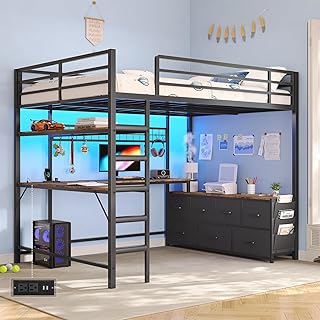 Full Size Loft Bed with U-Shaped Desk, 7-Drawer Storage and 2-Tier Shelv...