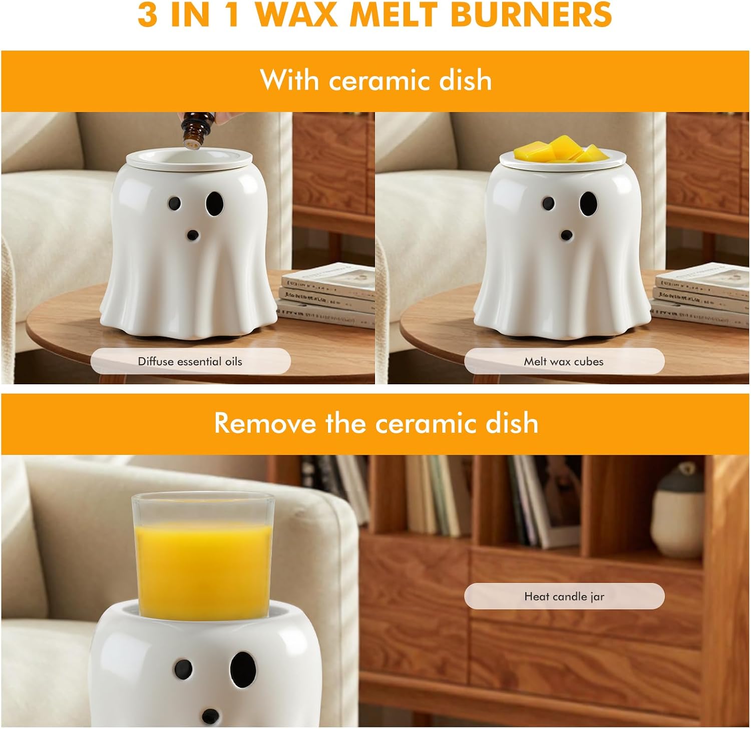 Ceramic Electric Wax Melt Warmer–Electric Candle Warmer Melter for Scented Wax Cubes Cute Ghost Fragrance Oil Burner Halloween Candle Melter Warmer for Home Decor