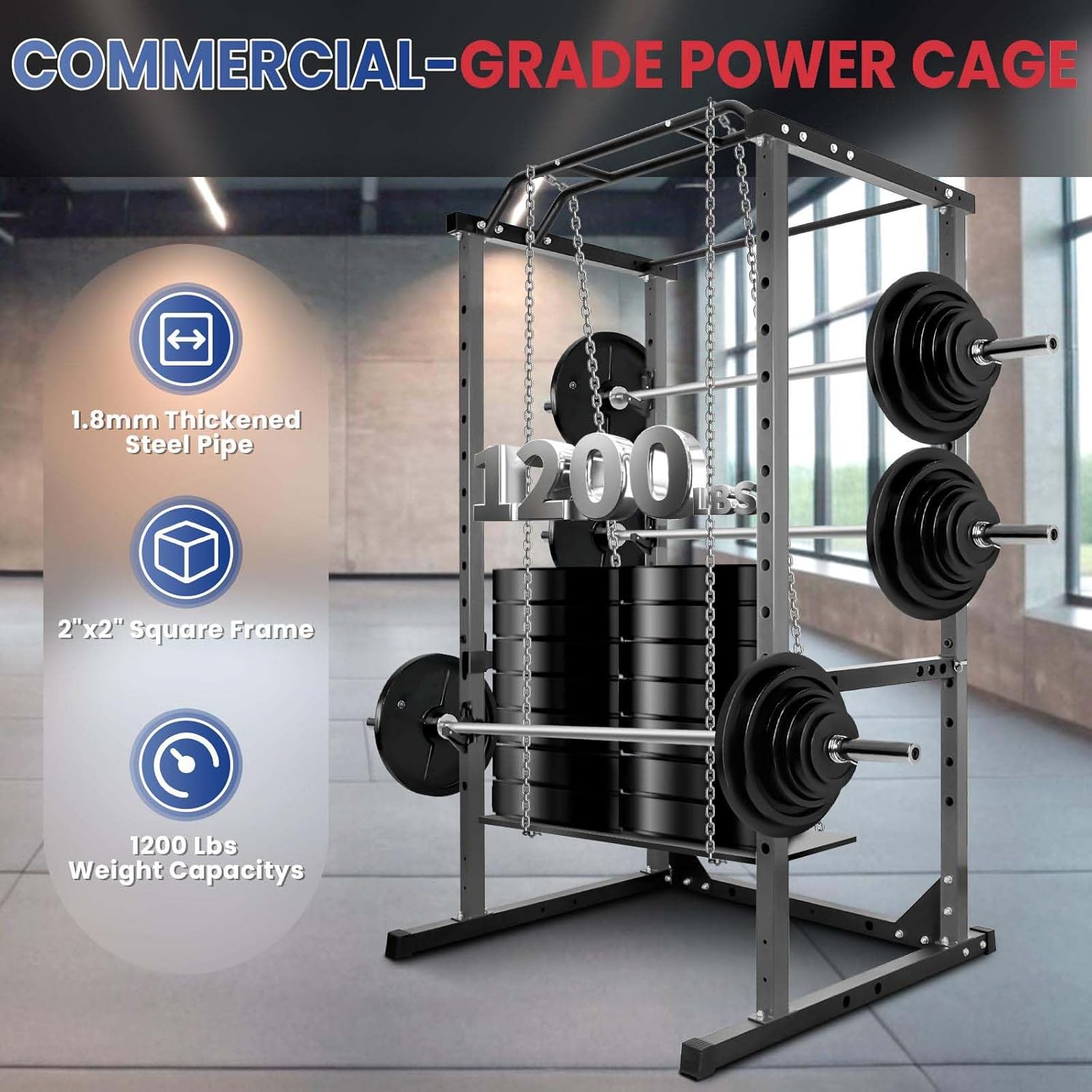 Squat Rack for Home Gym, 1200lbs Power Cage, Multi-Functional Power Rack with Adjustable J-Hooks & Safety Arms, Heavy Duty Carbon Steel Squat Cage for Training&Relaxing